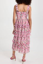 Midi-Sommerkleid mit quadratischem Ausschnitt, gesmoktem Stufenplissee und Blumenmuster - Rosa